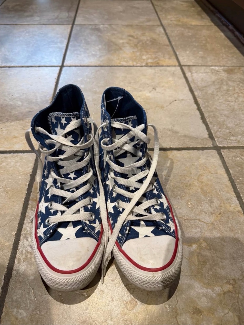 Custom Made Star-Print High Top Converse- Blue/White (Size 8 / 39 women)